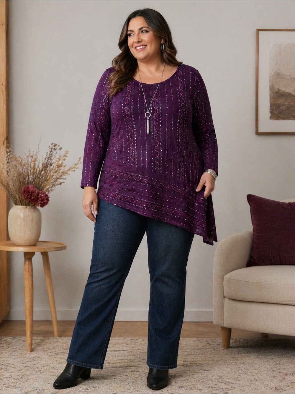 Avenue Purple Sequin Embellished Long-Sleeve Top with Asymmetrical Hem
